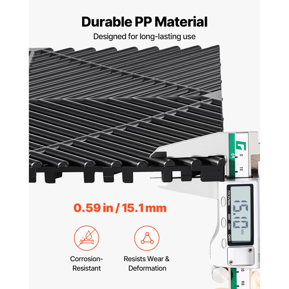 VEVOR Interlocking Drainage Mats, 12" x 12", Modular Garage Flooring Tiles, Non-Slip PP Drainage Floor Tiles, Self-Draining, Easy Installation, for Bathroom, Kitchen, Pool & Outdoor, Black, 55 Pack