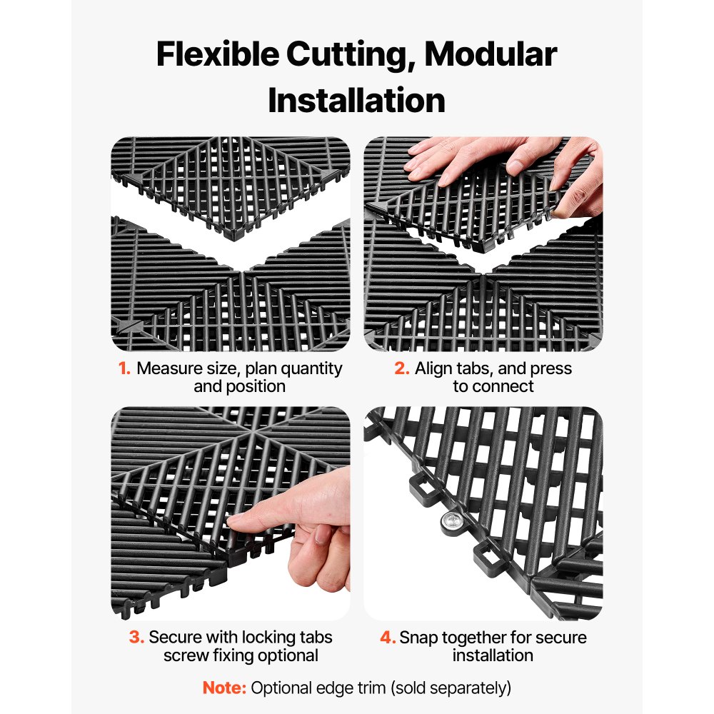 VEVOR Interlocking Drainage Mats, 12" x 12", Modular Garage Flooring Tiles, Non-Slip PP Drainage Floor Tiles, Self-Draining, Easy Installation, for Bathroom, Kitchen, Pool & Outdoor, Black, 55 Pack