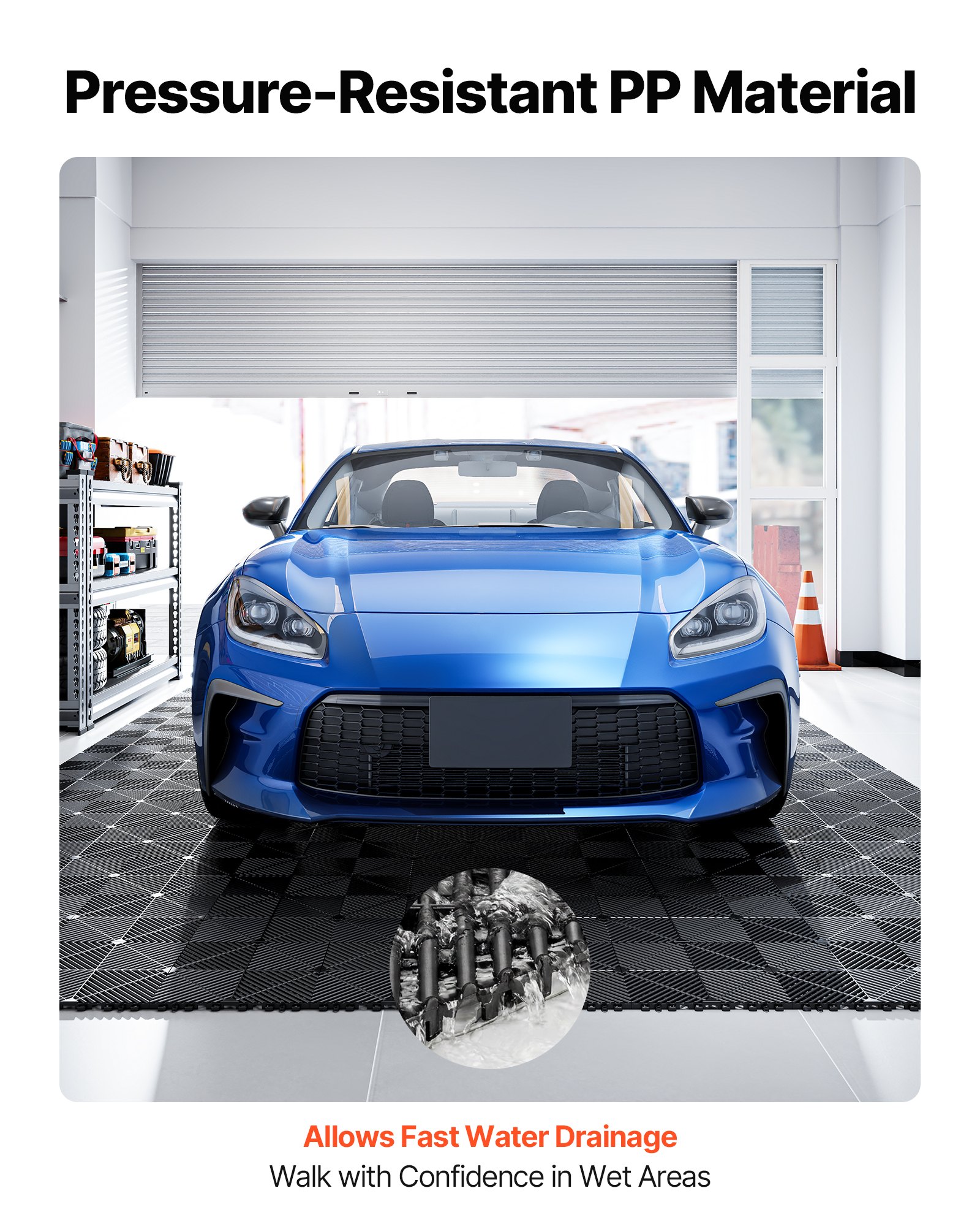 VEVOR Interlocking Drainage Mats, 12" x 12", Modular Garage Flooring Tiles, Non-Slip PP Drainage Floor Tiles, Self-Draining, Easy Installation, for Bathroom, Kitchen, Pool & Outdoor, Black, 55 Pack