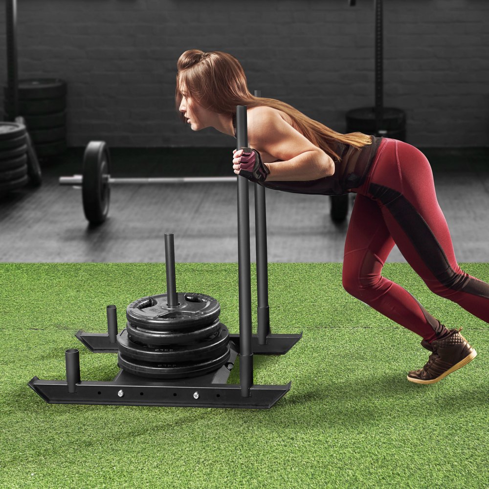 VEVOR Gewichtstrainingslee, Pull Push Power Slee, Fitness Krachtweerstandstraining, Stalen trainingsapparatuur voor sportoefeningen, Geschikt voor 2 Inch halterschijven, Zwart