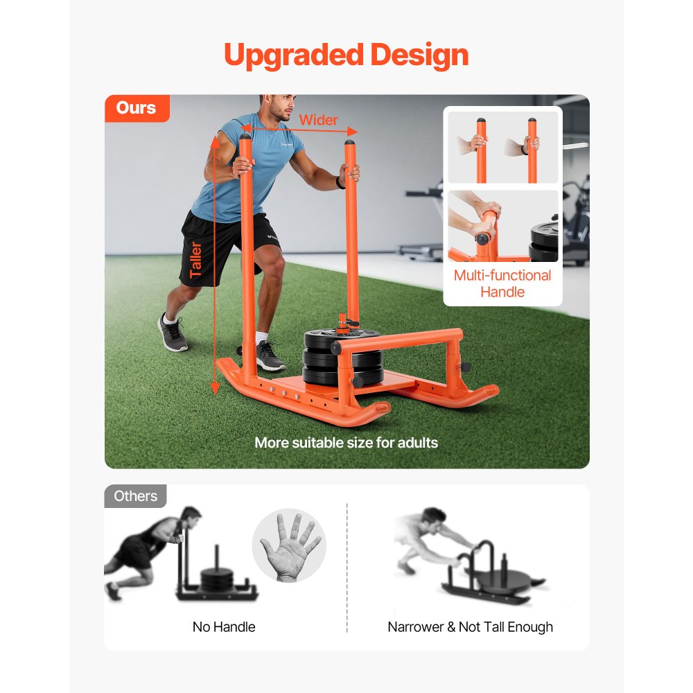 VEVOR Gewichtsslee Power Sled Krachttrainingslee om de snelheid te verbeteren bij atletische oefeningen, Fitnessapparaat met handvat, Compatibel met 25/51 mm gewichtsschijven, Oranje