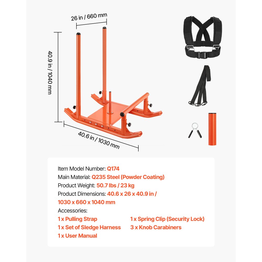 VEVOR Gewichtsslee Power Sled Krachttrainingslee om de snelheid te verbeteren bij atletische oefeningen, Fitnessapparaat met handvat, Compatibel met 25/51 mm gewichtsschijven, Oranje