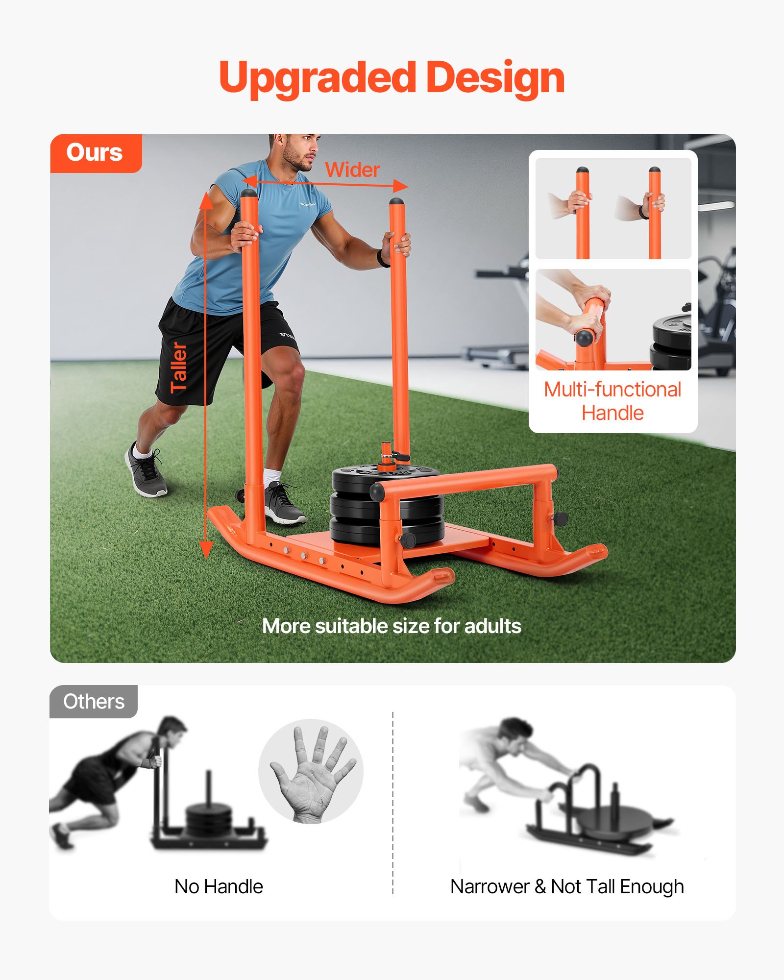 VEVOR Weight Sled, Steel Power Sled, Fitness Strength Training Sleds for Athletic Exercise Speed Improvement, Workout Fitness Equipment with Handle, Compatible with 25/51 mm Weight Plates, Orange