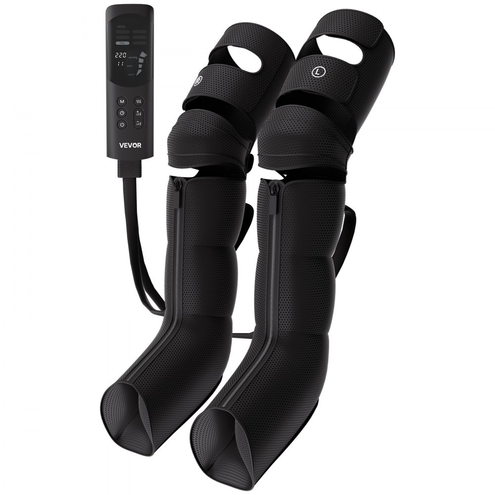 VEVOR Beenmassageapparaat met lymfedrainage, luchtcompressie en 6 standen voor dagelijkse ontspanning, 9 intensiteitsniveaus, 3 warmtestanden, automatische uitschakelfunctie, inclusief opbergtas en adapter.