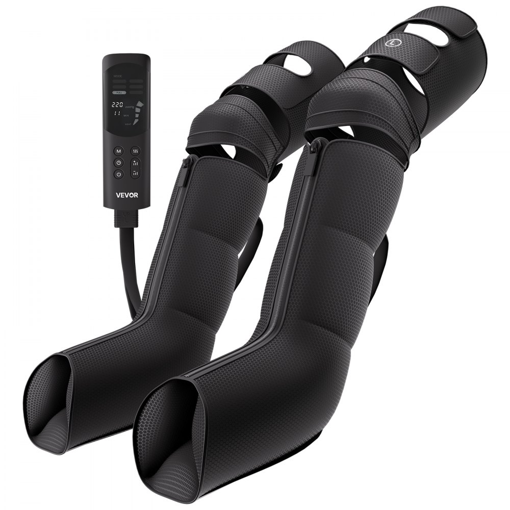 VEVOR Beenmassageapparaat met lymfedrainage, luchtcompressie en 6 standen voor dagelijkse ontspanning, 9 intensiteitsniveaus, 3 warmtestanden, automatische uitschakelfunctie, inclusief opbergtas en adapter.