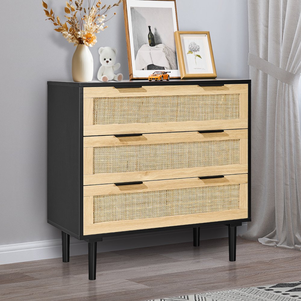 VEVOR 3 Drawer Rattan Dresser, Natural Rattan Closet Dresser with 3 Drawers, Modern Wood Chest Clothing Organizer & Storage Boho Dresser with Sturdy Handles & Legs, for Bedroom, Living Room & Hallway