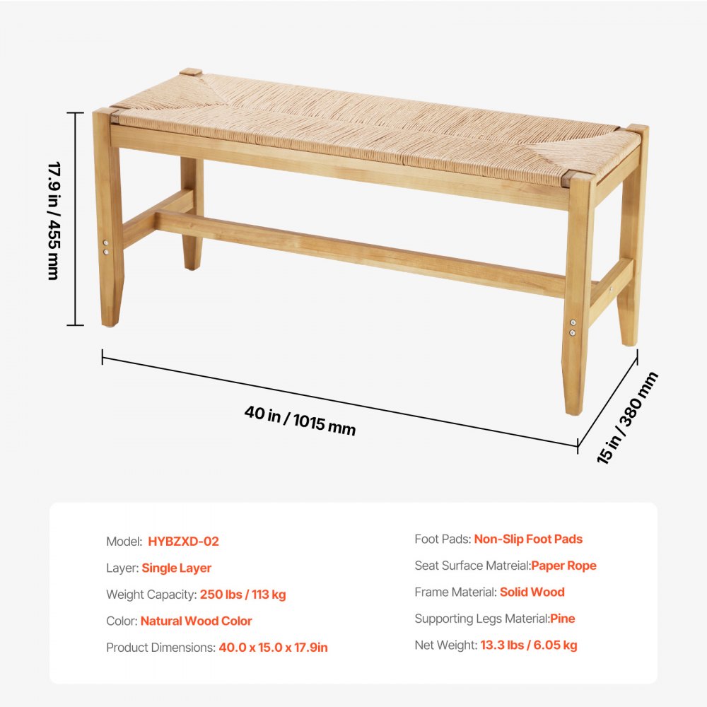 VEVOR Rotan Bank, Entree Bank, Tuinbank 1015 x 380 x 455 mm met Eikenhouten Poten, Halbank, Boho Bank met Handgevlochten Rotan, voor Woonkamer, Slaapkamer, Hal, Balkon