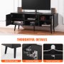 VEVOR rattan tv stand with solid wood legs, damping hinges, and power cord holes. thoughtful details shown.