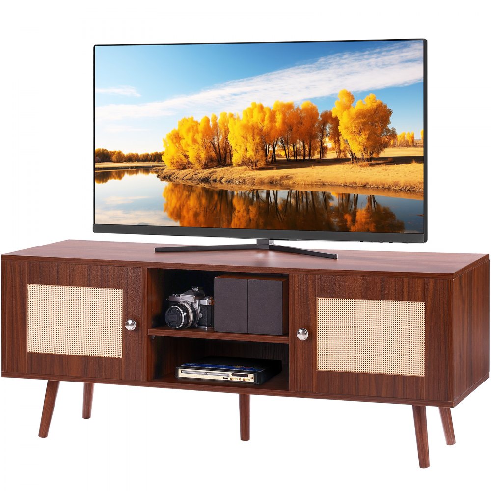 modern VEVOR rattan tv stand with storage shelves and decorative yellow tree landscape on tv screen.