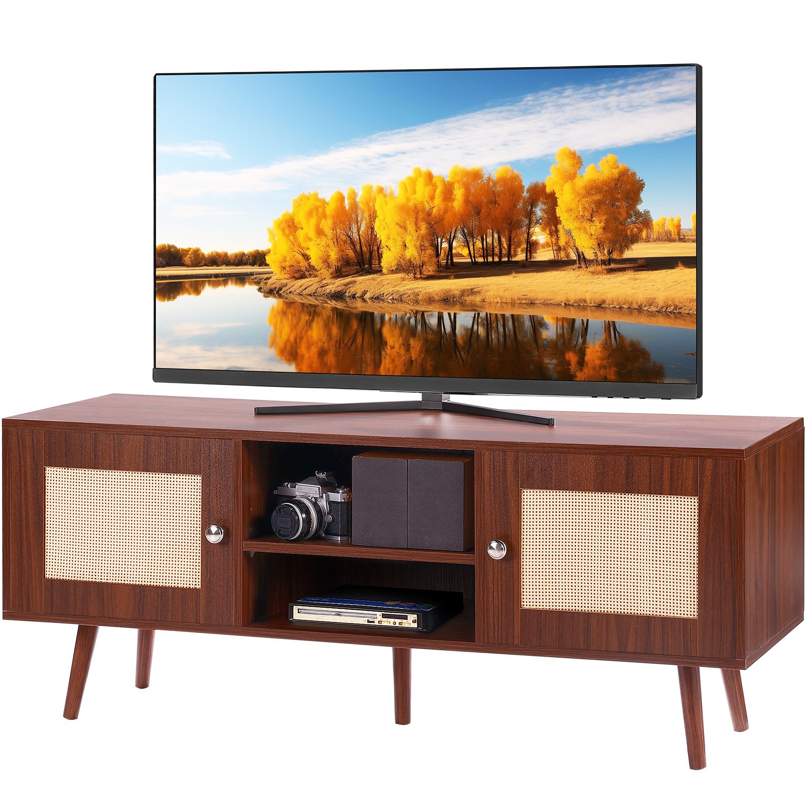 VEVOR Rattan TV Stand, Boho TV Cabinet for 55 inch TV, Mid Century Modern TV Stand, Rattan TV Console with Adjustable Shelfs for  Living Room, Media Room, Walnut