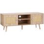 VEVOR rattan tv stand with wood finish, two rattan doors, and open shelves for storage.