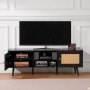 VEVOR Rotan TV-standaard voor 165 cm TV, Boho TV-standaard met rotan deur, TV-meubel met ingebouwde stopcontact en USB-poorten, Moderne TV-console voor Woonkamer, Mediaruimte, Zwart