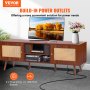 VEVOR Rattan TV Stand, Mid Century Modern TV Stand for 65 inch TV, Boho Rattan TV Cabinet with Build-in Socket and USB Ports, Adjustable Shelfs for Living Room, Media Room, Walnut