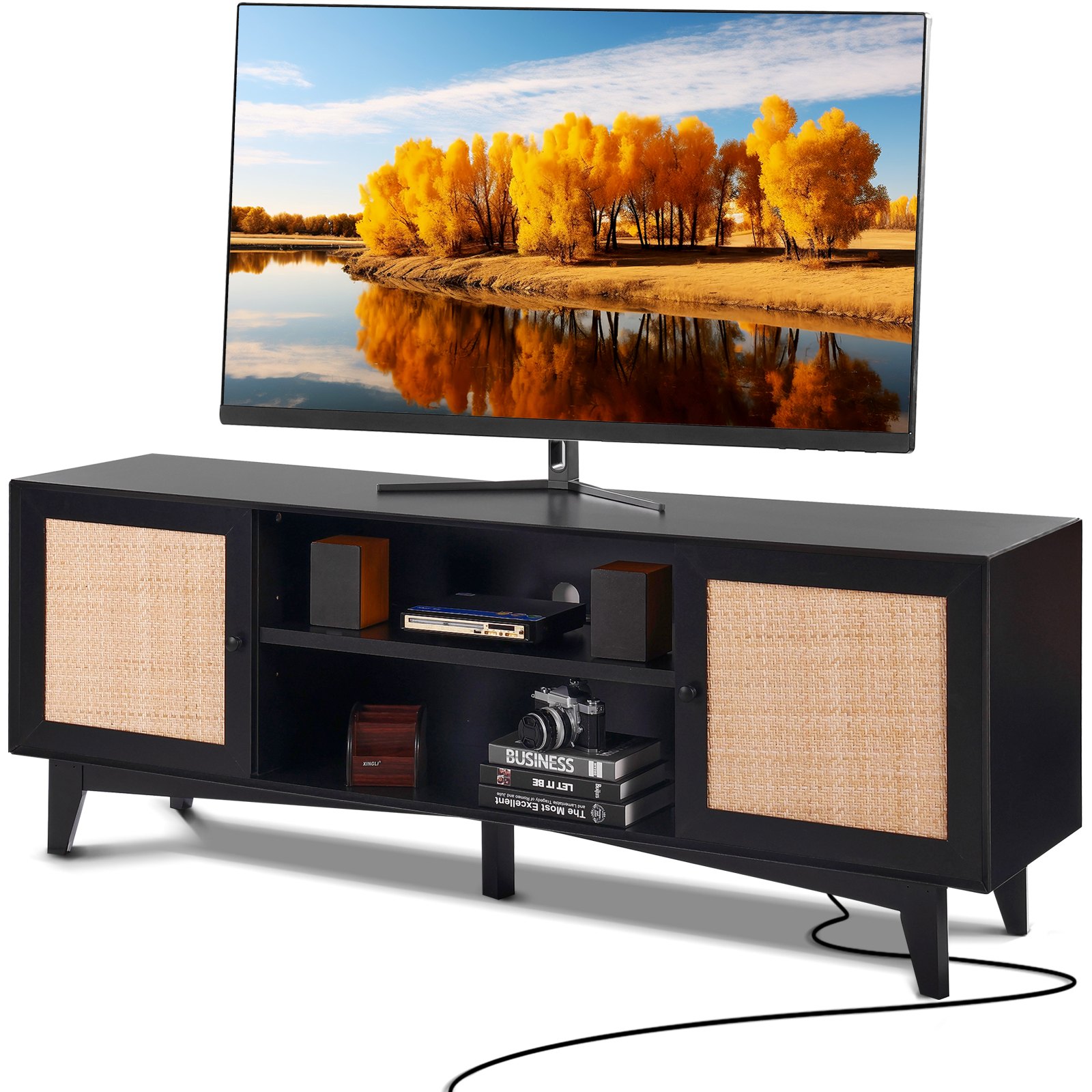 VEVOR Rotan TV-standaard voor 75-inch tv's, Boho TV-standaard met rotan deur, TV-meubel met ingebouwde stopcontact, Opbergkast met 2 planken, Moderne TV-console voor de woonkamer, Zwart
