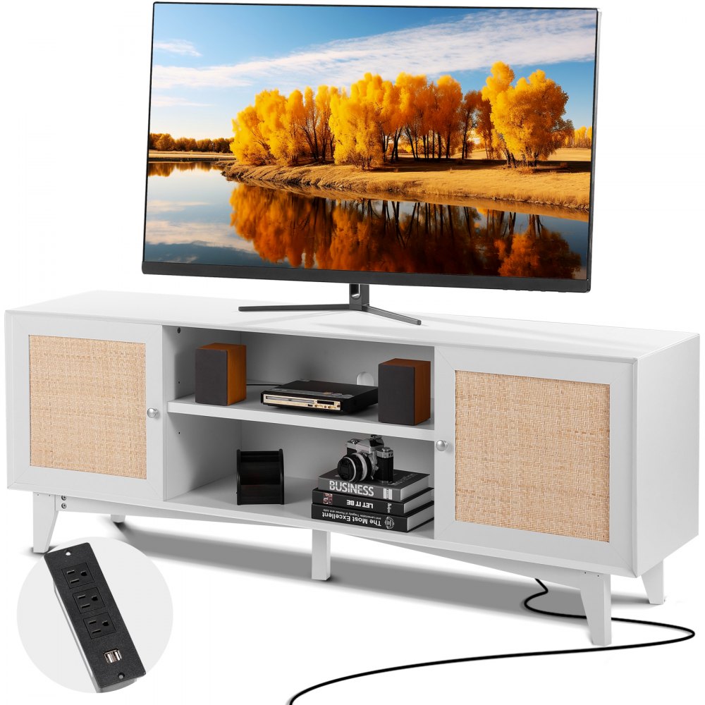 VEVOR Rattan TV Stand 191cm TV Boho TV Cabinet White TV Cabinet