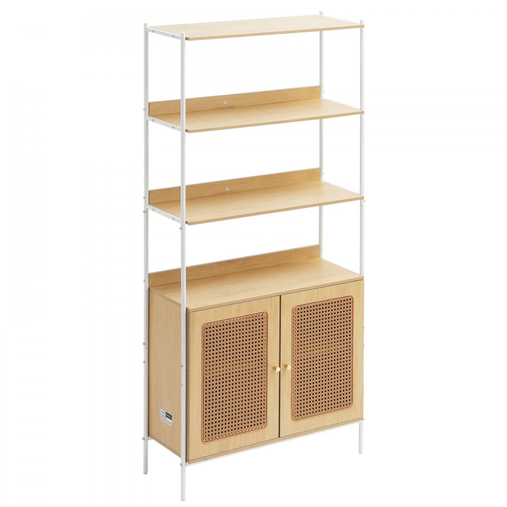 VEVOR Rattan Bookshelf, Ladder Shelf with 2 Doors, Rectangle Freestanding Open Storage Bookcase Rack Organizer, Storage Display Shelves Ideal for Library, Meeting Room, Office, Study, Natural