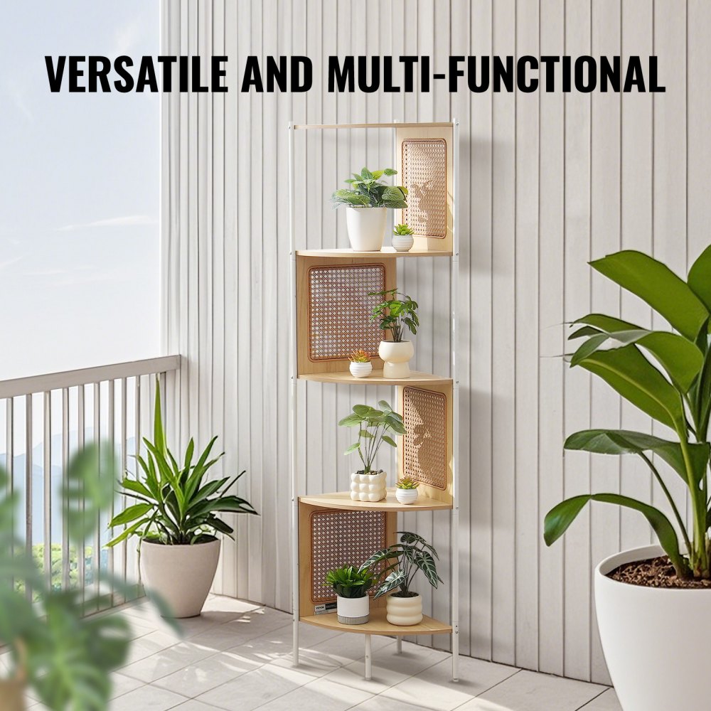 VEVOR Rattan Corner Bookshelf, 5 Tiers Ladder Corner Shelf with Metal Frame, Narrow Open Wall Corner Storage Rack, Storage Display Shelves Ideal for Library, Meeting Room, Office, Study, Natural