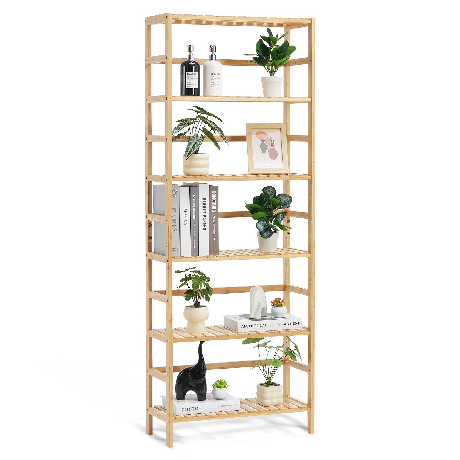 VEVOR 6-laags bamboe boekenkast, opbergrek, vrijstaande multifunctionele bloemen- en plantenstandaard, archiefrek, ideaal voor badkamer, slaapkamer, kantoor, studeerkamer, natuurlijke kleur