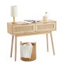 VEVOR Rattan Console Table with 2 Storage Drawers Rattan Sliding Door Natural