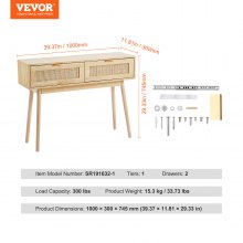 VEVOR rotan consoletafel, haltafel, decoratieve tafel, 2 lades, schuifdeuren, naturel