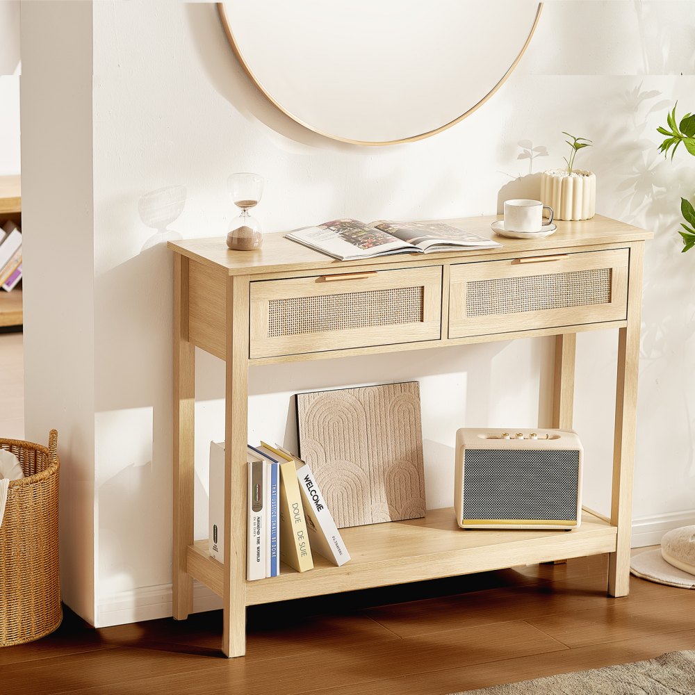 VEVOR Rattan Console Table with 2 Storage Drawers Rattan Sliding Door Natural