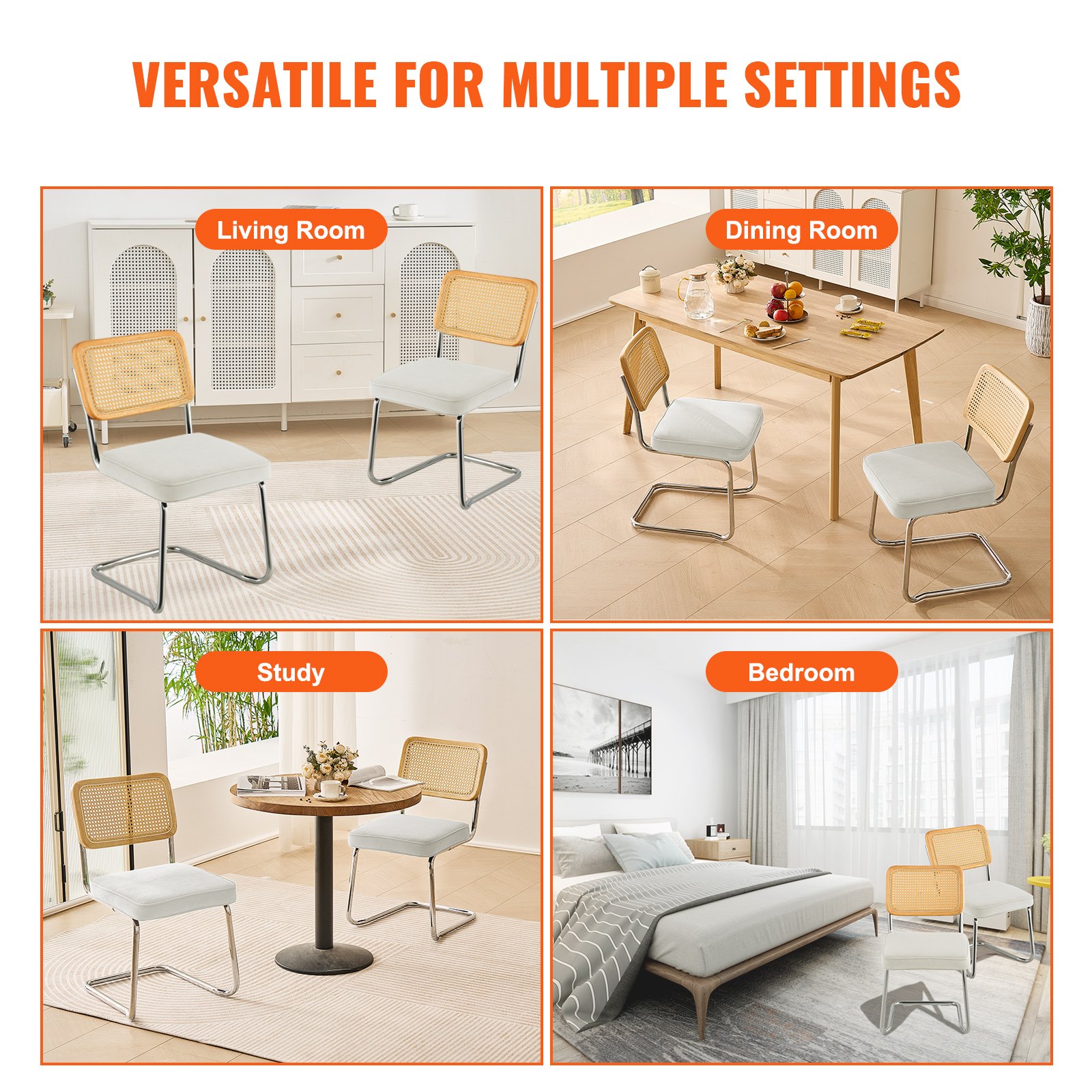 VEVOR Rattan Chairs, Set of 2, Mid Century Modern Dining Chair, Upholstered Velvet Accent Chair with Rattan Back, Retro Dining Room Kitchen Chair for Living Room, Bedroom, Reading Room, Office, White