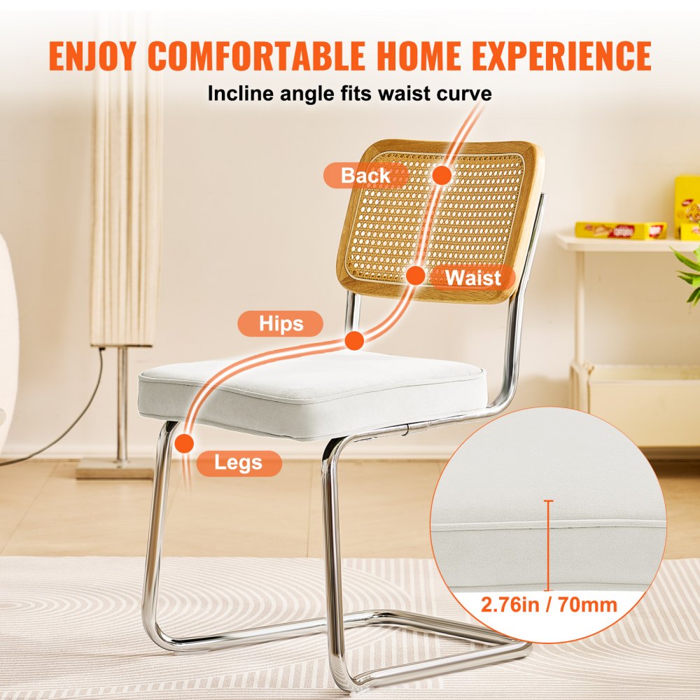 VEVOR Rattan Chairs, Set of 4, Mid Century Modern Dining Chair, Upholstered Velvet Accent Chair with Rattan Back, Retro Dining Room Kitchen Chair for Living Room, Bedroom, Reading Room, Office, White