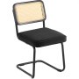black VEVOR rattan dining chairs with cushioned seat and cane backrest on a metal frame.