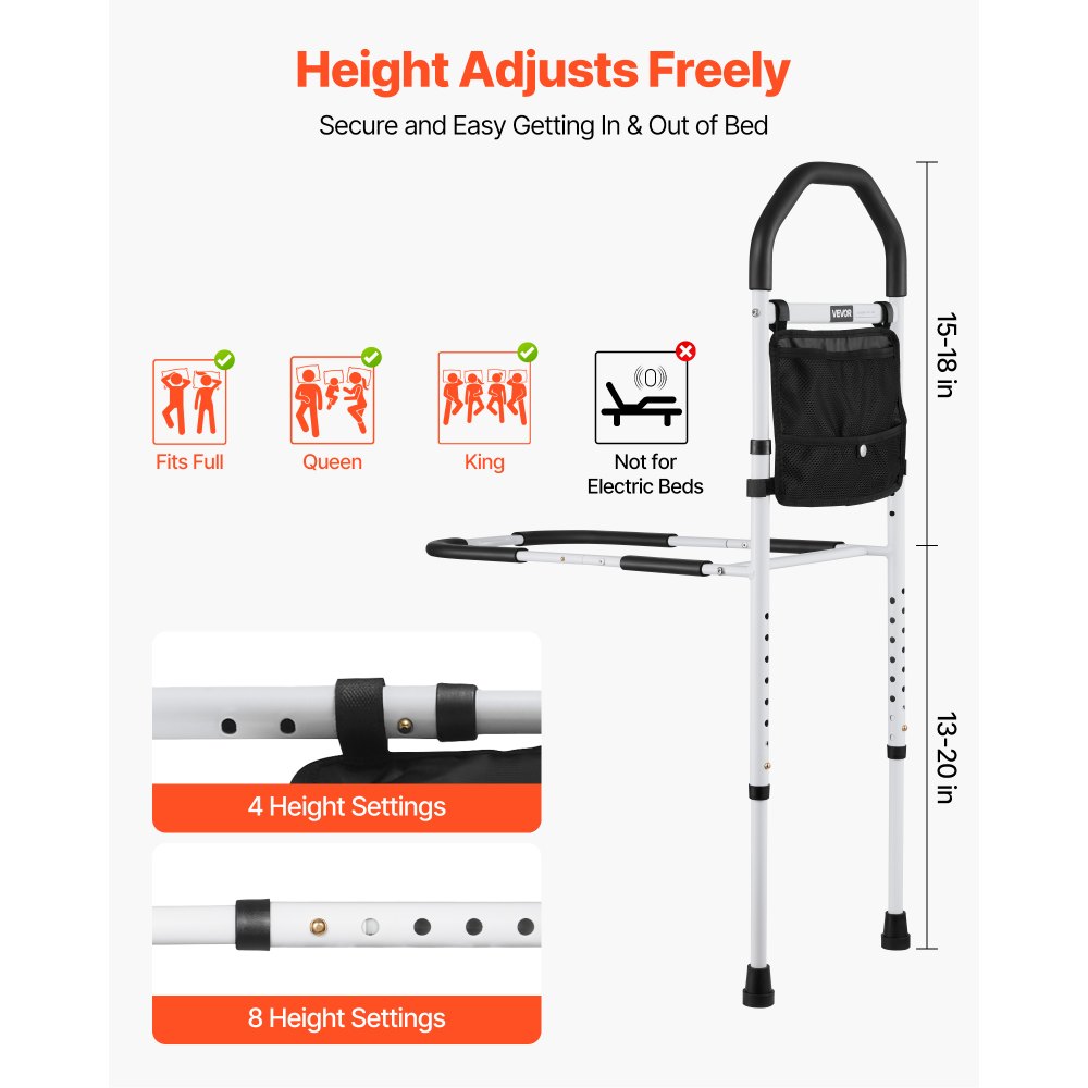 VEVOR Bedverhoger, handgrepen met steunpoot en PU-leuning, in hoogte verstelbare wandelstok van koolstofstalen buis (732-992 mm), instaphulp voor kingsize-, queensize-, tweepersoonsbedden en eenpersoonsbedden