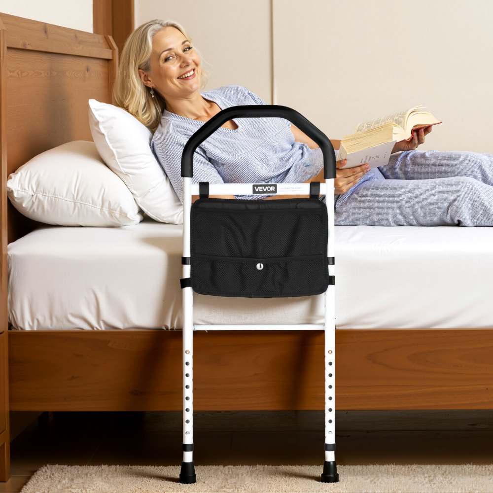 VEVOR Bedverhoger, handgrepen met steunpoot en PU-leuning, in hoogte verstelbare wandelstok van koolstofstalen buis (732-992 mm), instaphulp voor kingsize-, queensize-, tweepersoonsbedden en eenpersoonsbedden