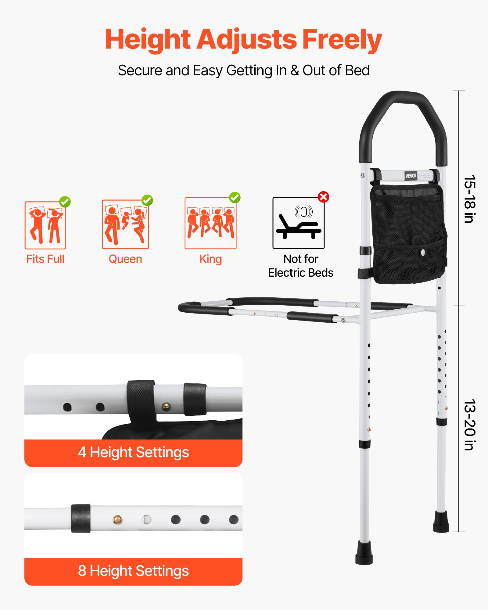 VEVOR Bedverhoger, handgrepen met steunpoot en PU-leuning, in hoogte verstelbare wandelstok van koolstofstalen buis (732-992 mm), instaphulp voor kingsize-, queensize-, tweepersoonsbedden en eenpersoonsbedden
