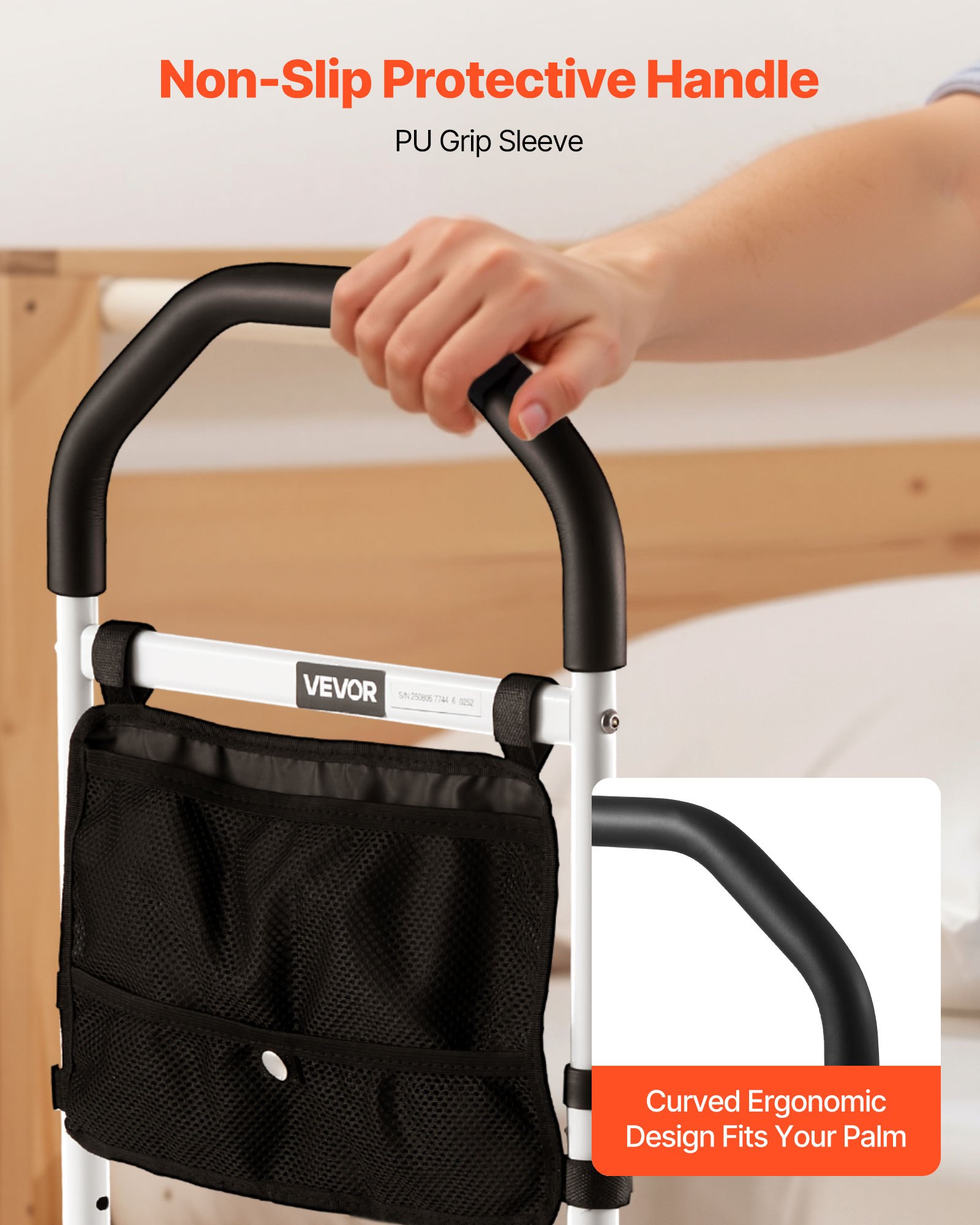 VEVOR Bedverhoger, handgrepen met steunpoot en PU-leuning, in hoogte verstelbare wandelstok van koolstofstalen buis (732-992 mm), instaphulp voor kingsize-, queensize-, tweepersoonsbedden en eenpersoonsbedden