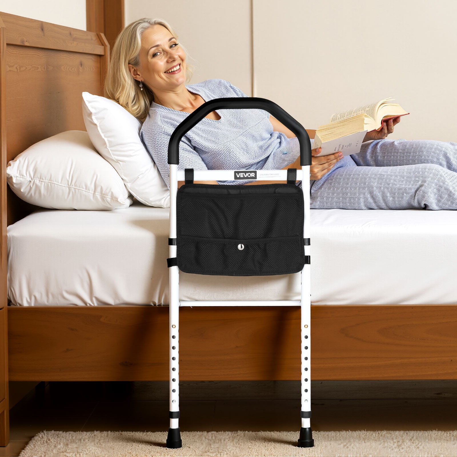 VEVOR Bedverhoger, handgrepen met steunpoot en PU-leuning, in hoogte verstelbare wandelstok van koolstofstalen buis (732-992 mm), instaphulp voor kingsize-, queensize-, tweepersoonsbedden en eenpersoonsbedden