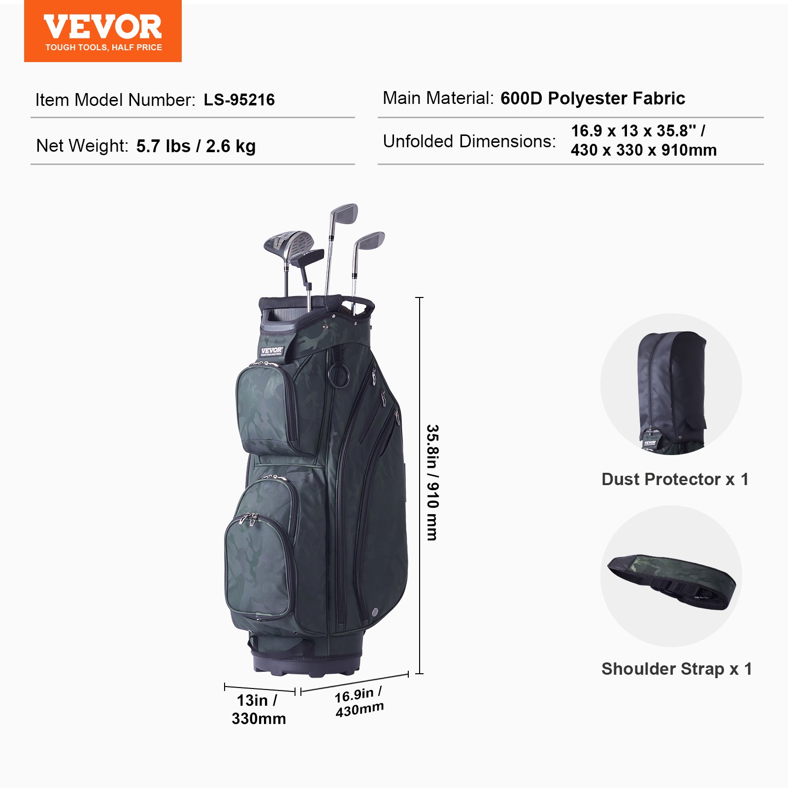 VEVOR Golf Cart Bag met 14-vaks bovenverdeler, 36-inch 11-vaks premium nylon cartbag, duurzame golftassen met handvatten, stofhoes en afneembare banden voor mannen en vrouwen, legergroen
