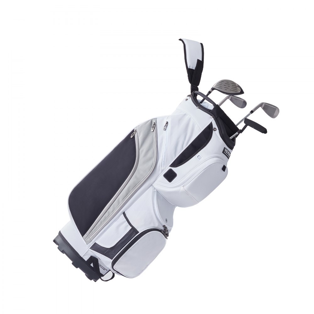 VEVOR golf cart bag in white with clubs, multiple compartments, and zippered pockets.