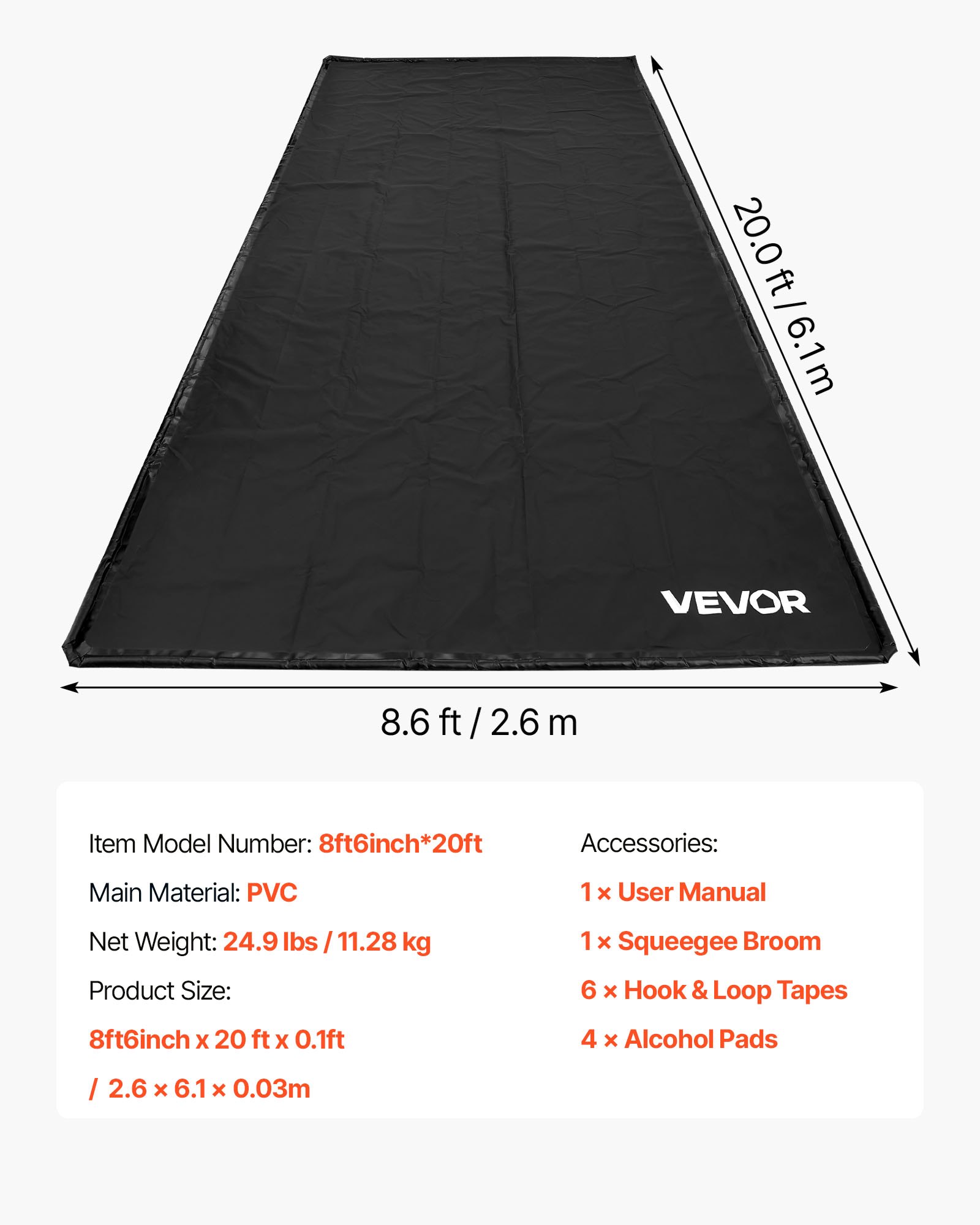 VEVOR PVC garagevloermat, antislip (2,6 x 6,1 x 0,03 m) met wisser, duurzaam en waterdicht, vloerbescherming tegen sneeuw, regen en modder, zwart