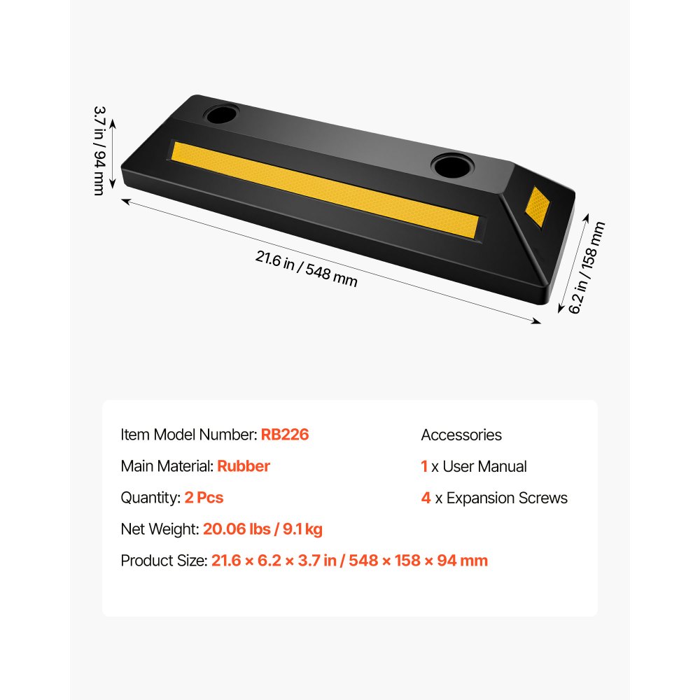 VEVOR Parkeerstoppers, Wielstoppers, 2 stuks, 548 x 158 x 94 mm, Parkeerhulp, Parkeerbegrenzer met reflecterende strips, Rubberen parkeerbarrière voor auto's, bestelwagens, vrachtwagens, Wielgeleider, Parkeerbegrenzer