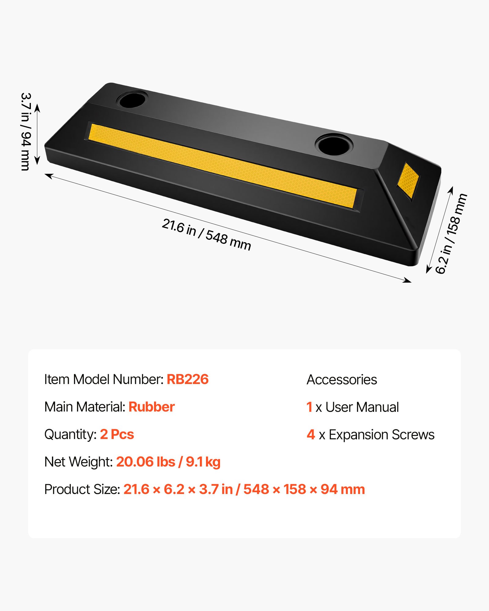 VEVOR Parkeerstoppers, Wielstoppers, 2 stuks, 548 x 158 x 94 mm, Parkeerhulp, Parkeerbegrenzer met reflecterende strips, Rubberen parkeerbarrière voor auto's, bestelwagens, vrachtwagens, Wielgeleider, Parkeerbegrenzer