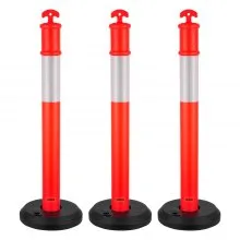 VEVOR Verkeersafbakeningspalen 3-pack (114 cm) met vulbare voet en reflecterende strips, waarschuwingspalen voor bouwplaatsen, parkeerterreinen, dranghekken, rood