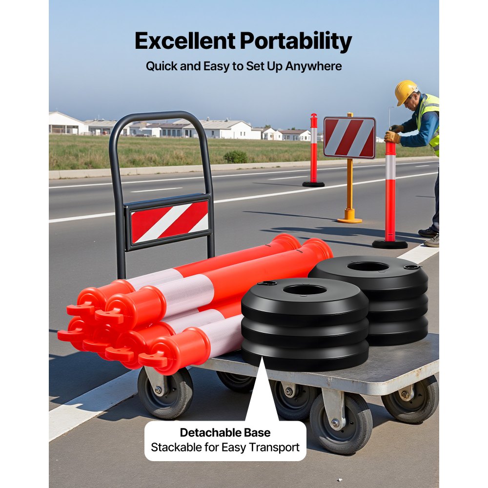 VEVOR 6 Pack Traffic Delineator Posts, 1140 mm Traffic Safety Cones with Fillable Base and Reflective Strips, Heavy Duty Delineator Posts for Construction Site, Parking Lot, Crowd Control, Red