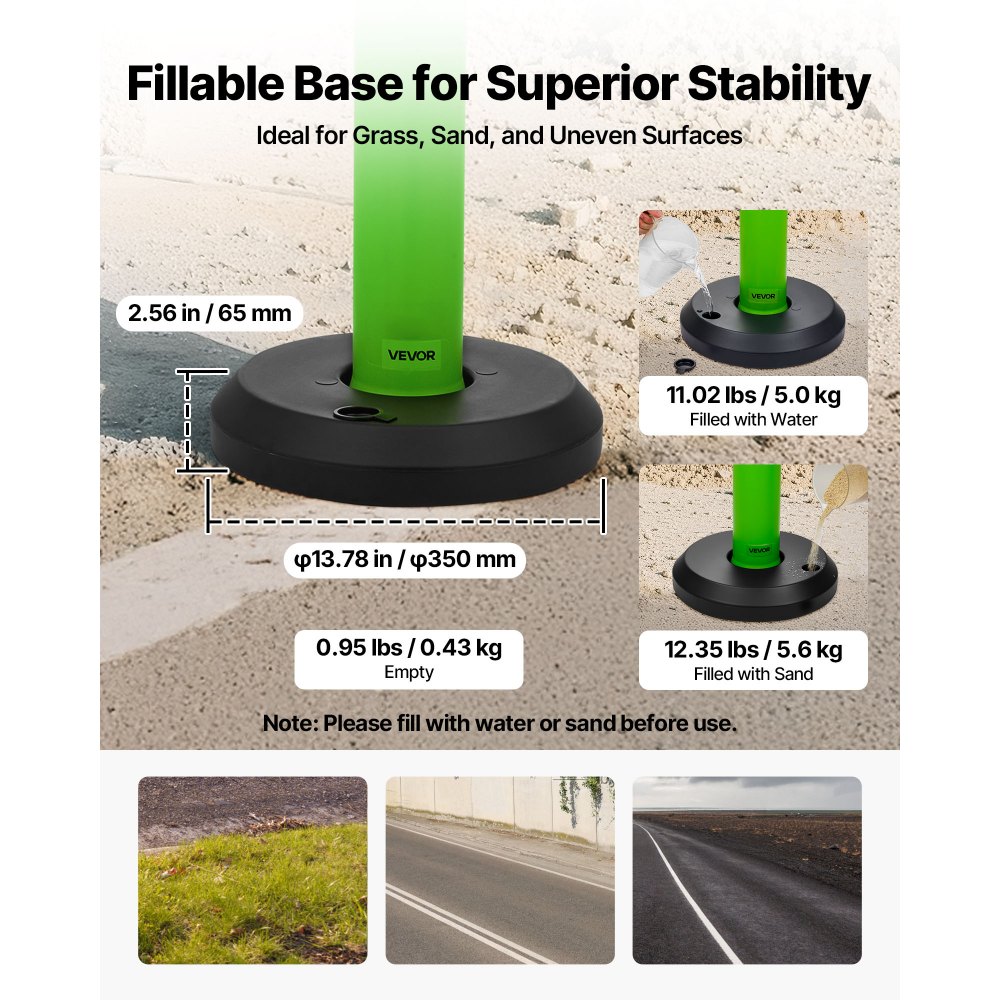 VEVOR 3 Pack Traffic Delineator Posts, 1140 mm Traffic Safety Cones with Fillable Base and Reflective Strips, Heavy Duty Delineator Posts for Construction Site, Parking Lot, Crowd Control, Green