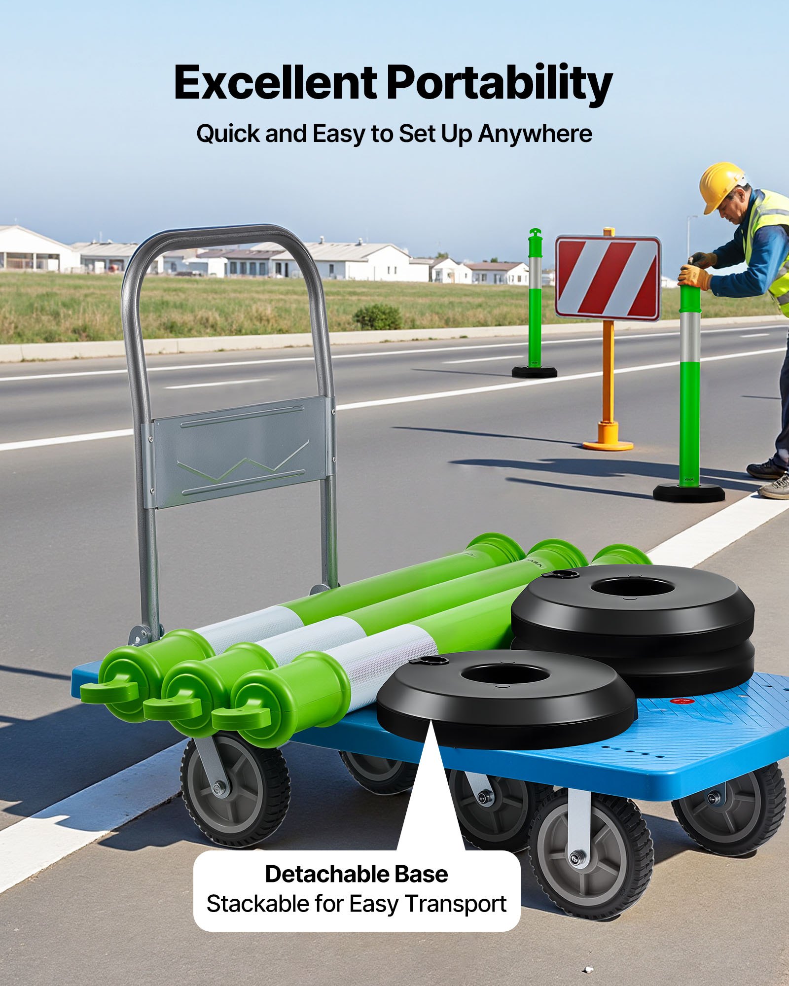 VEVOR 3 Pack Traffic Delineator Posts, 1140 mm Traffic Safety Cones with Fillable Base and Reflective Strips, Heavy Duty Delineator Posts for Construction Site, Parking Lot, Crowd Control, Green