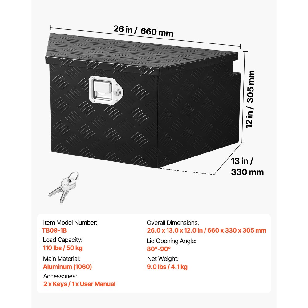 VEVOR Trekhaakbox voor vrachtwagens, 660 x 330 x 305 mm, gemaakt van aluminium, 50 kg draagvermogen, gereedschapskist met slot en sleutels, aanhangerbox voor laadbakken van pick-ups, campers, SUV's en terreinwagens, zwart