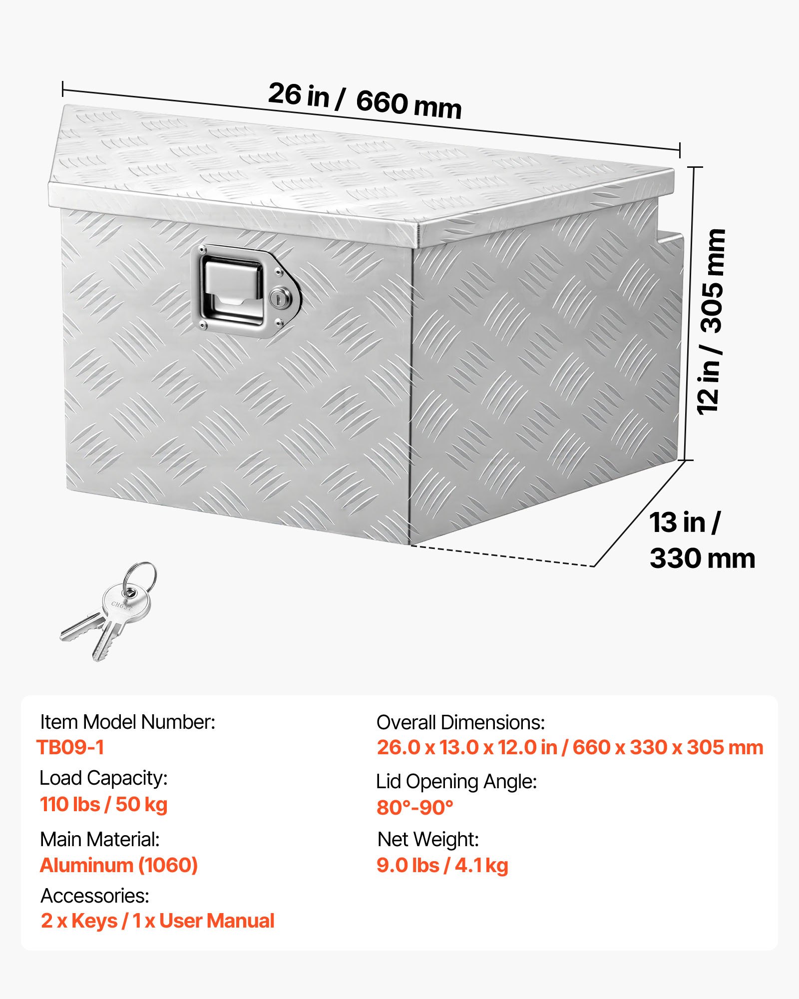 VEVOR Trekhaakbox voor vrachtwagens, 1660 x 330 x 305 mm, gemaakt van aluminium, 50 kg draagvermogen, gereedschapskist met slot en sleutels, aanhangerbox voor laadbakken van pick-ups, campers, SUV's en terreinwagens, zilverkleurig.