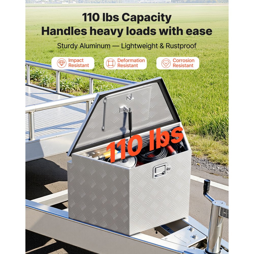VEVOR Trekhaakbox voor vrachtwagens, 737 x 410 x 457 mm, gemaakt van aluminium, 50 kg draagvermogen, gereedschapskist met slot en sleutels, aanhangerbox voor laadbakken van pick-ups, campers, SUV's en terreinwagens, zilverkleurig