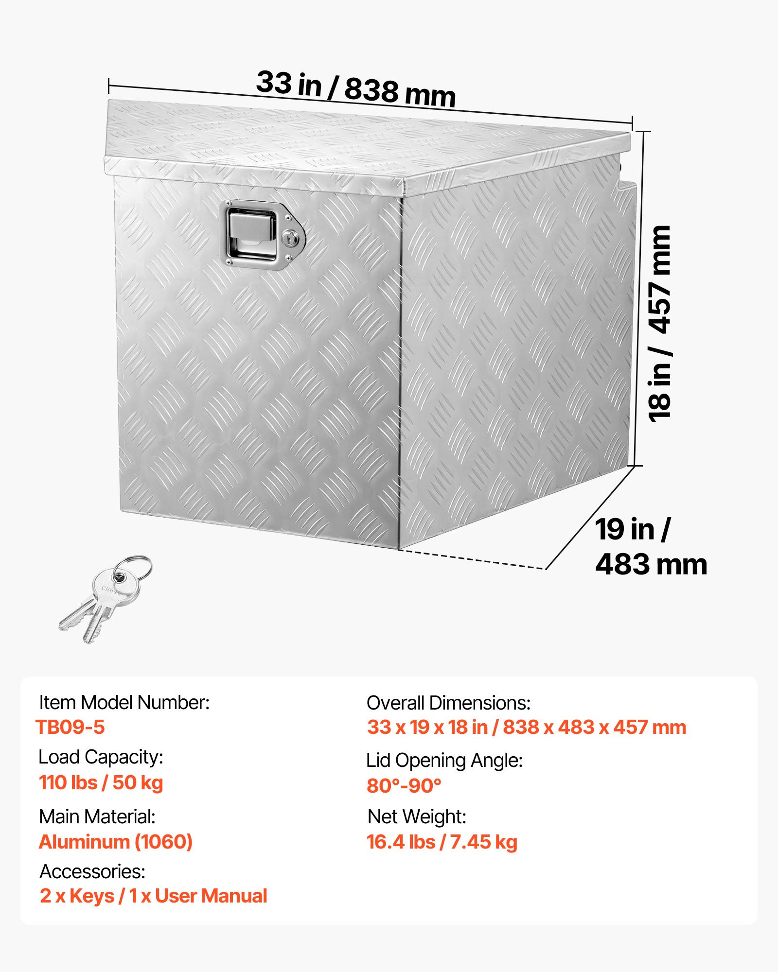 VEVOR Trekhaakbox voor vrachtwagens, 838 x 483 x 457 mm, gemaakt van aluminium, 50 kg draagvermogen, gereedschapskist met slot en sleutels, aanhangerbox voor laadbakken van pick-ups, campers, SUV's en terreinwagens, zilverkleurig.