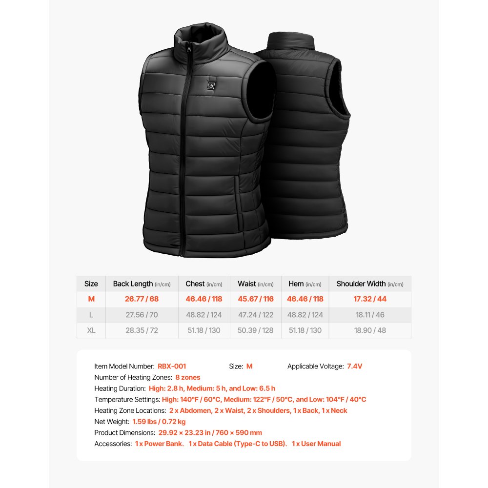 VEVOR Heated Vest, Men Electric Heating Vest with 16000 mAh Battery Pack, 8 Heating Zones Lightweight Rechargeable Winter-Vest with 3 Levels, for Outdoor Hiking Camping Fishing Skiing, Size M