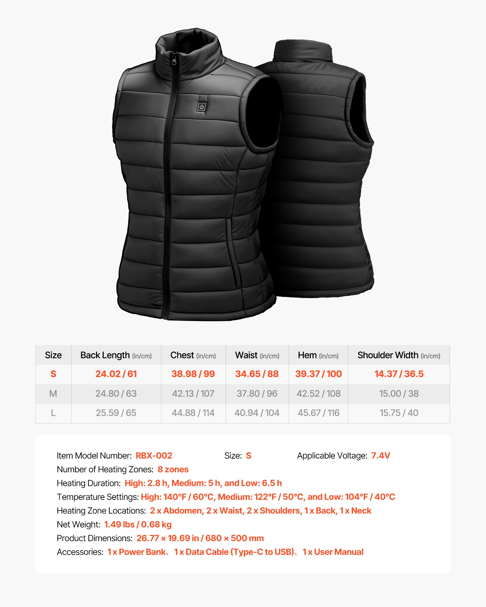 VEVOR Heated Vest, Women Electric Heating Vest with 16000 mAh Battery Pack, 8 Heating Zones Lightweight Rechargeable Winter-Vest with 3 Levels, for Outdoor Hiking Camping Fishing Skiing, Size S