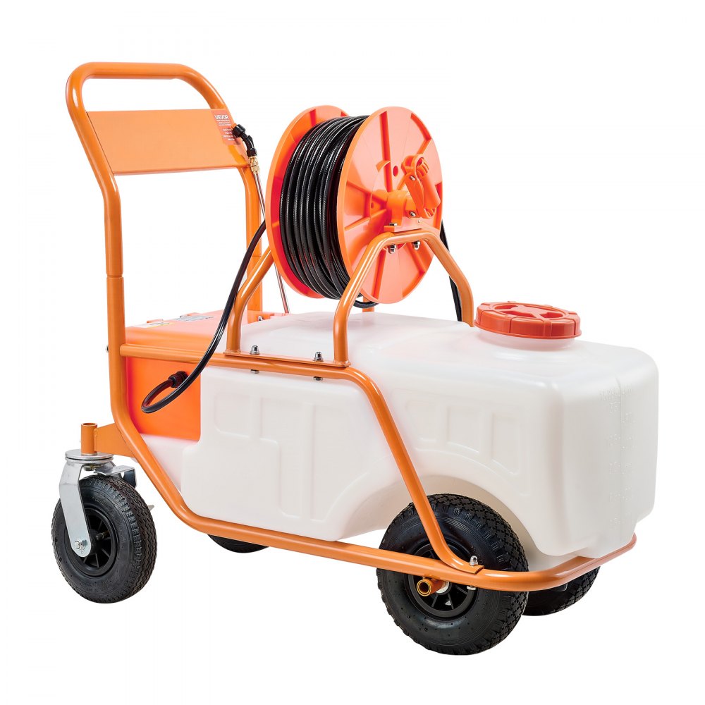 VEVOR gazonsproeier met wielen, instelbare druk 0-90 PSI, 60L tanksproeier met 8 sproeikoppen, 2 staven, breed openend deksel voor tuin, onkruid wieden, sproeien