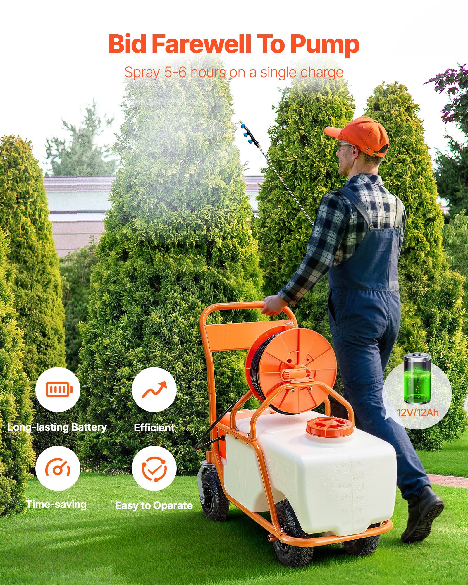 VEVOR gazonsproeier met wielen, instelbare druk 0-90 PSI, 60L tanksproeier met 8 sproeikoppen, 2 staven, breed openend deksel voor tuin, onkruid wieden, sproeien